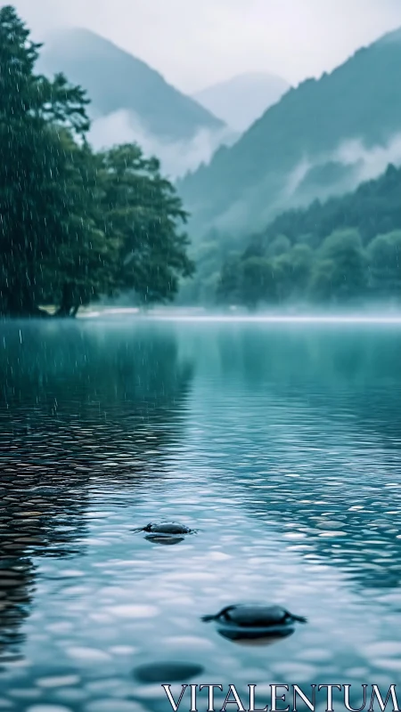 Rain-kissed mountain lake whispering in turquoise hush.