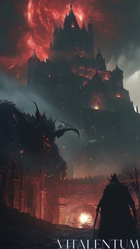 Dark knight confronts demonic citadel beneath burning sky.