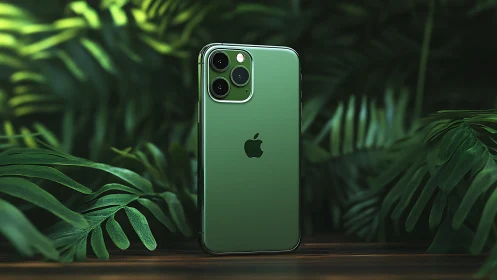 iPhone 11 Pro in Deep Green Against Lush Foliage Background.