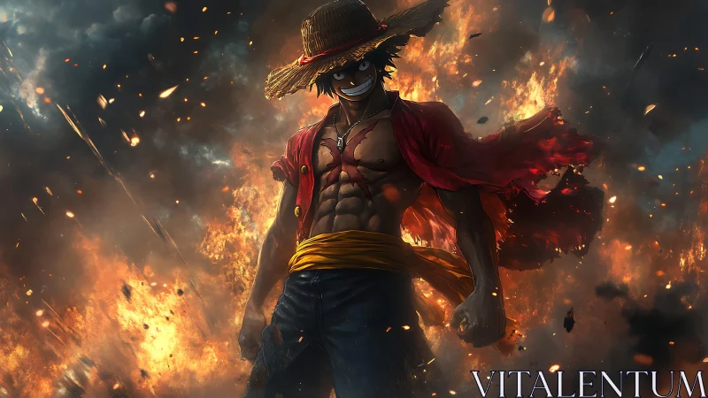 Straw hat warrior stands amid roaring inferno with torn coat