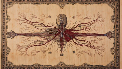 Anatomical human figure unfurls like a tapestry of veins