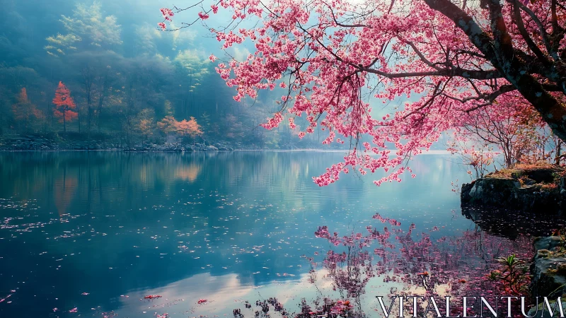Misty lakeside cherry blossoms with reflective turquoise water.
