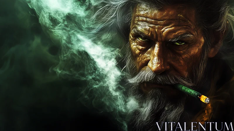 Weathered smoker’s gaze pierces through swirling emerald smoke.