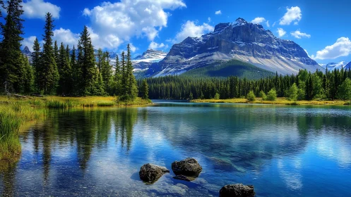 Glacial alpine lake with conifer forest and stratified massif.