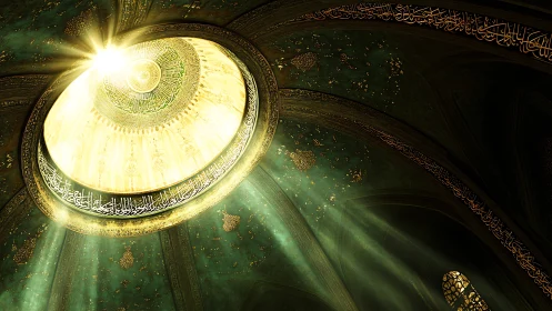 Sunlit calligraphy halo above emerald vaulted silence.