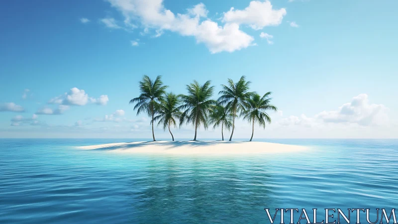 Tropical island with five palm trees isolated in open ocean