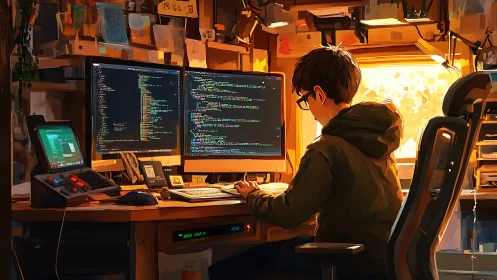 Young programmer codes at cluttered dual-monitor workstation
