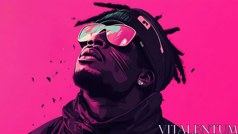 Stylized portrait of man in sunglasses on neon pink background.