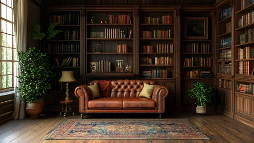 Leather sofa centered in classic wood panel home library