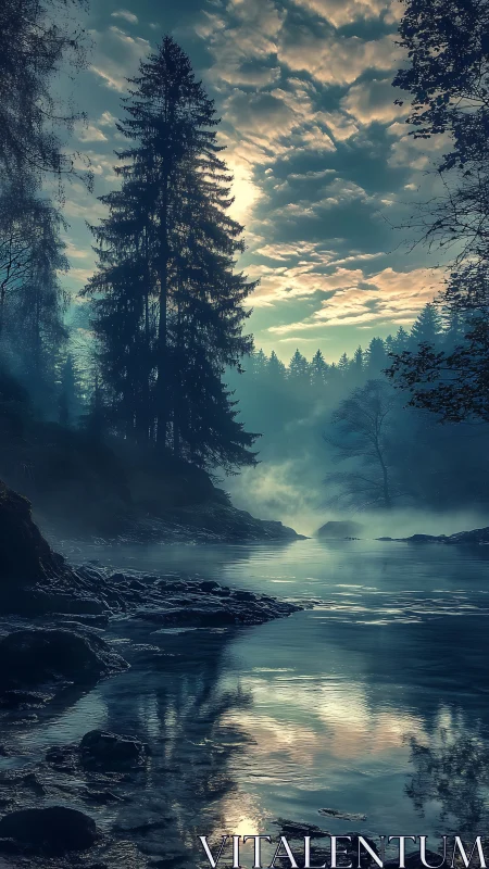 Moody riverside conifer forest in cinematic vertical framing.