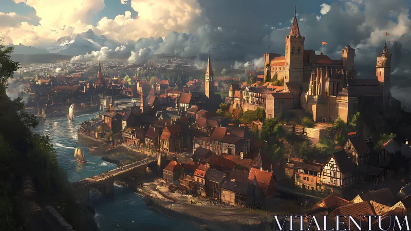 Sunlit medieval riverside city rendered in cinematic digital detail