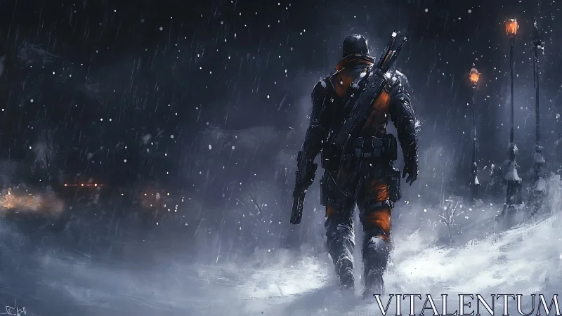 Solitary Sentinel Strides Through Frozen Tempest