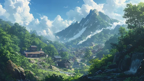 Mountain village panorama with lush forests and clear sky.