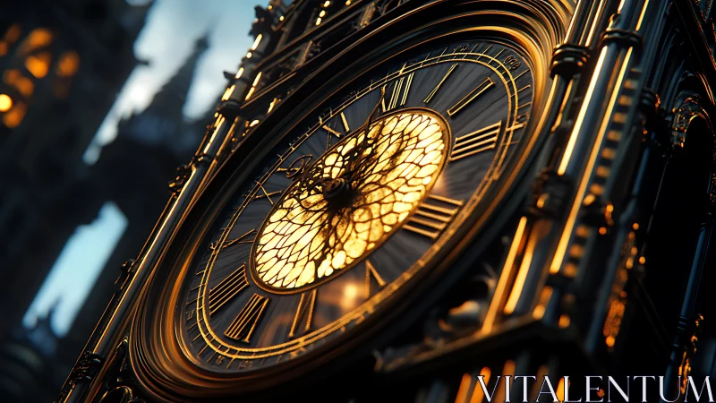 Gilded clockwork giant leans into dusk and sings in light