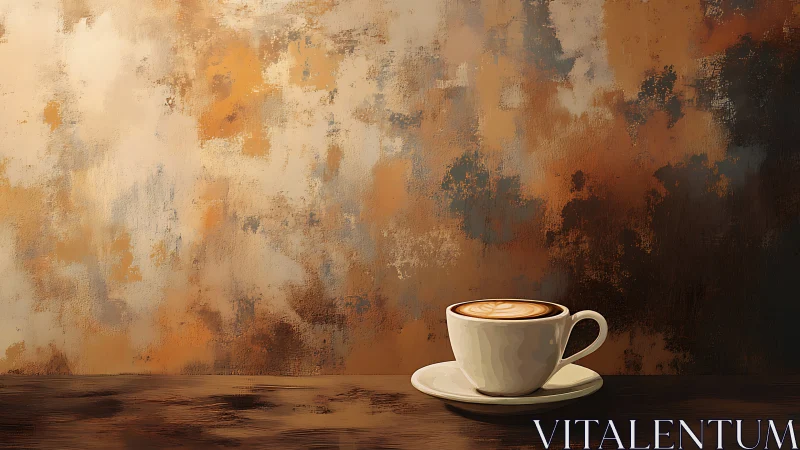 Creamy latte in white cup before rustic abstract wall.