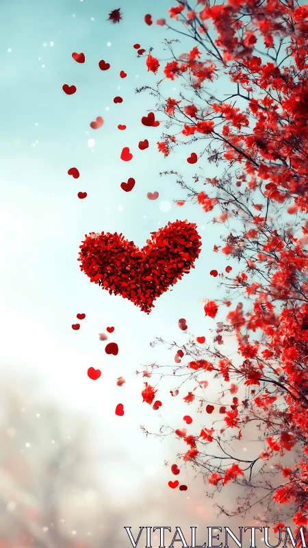 Red Heart Shaped Flowers Against Turquoise Sky.