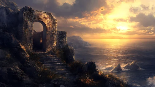Ancient stone archway overlooks a golden, stormlit sea