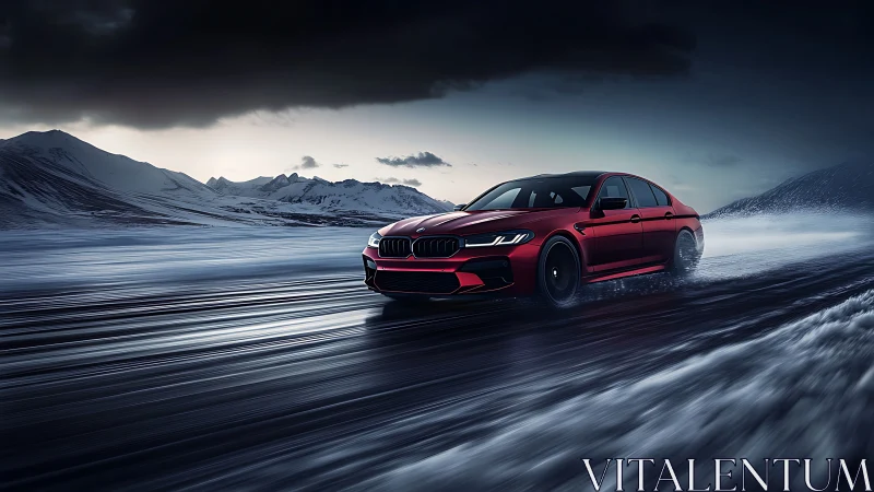 High-performance red sports sedan drifting on icy mountain road
