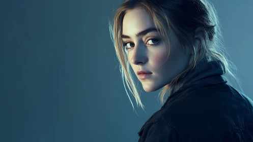 Cinematic blue portrait of young woman in soft rim light.