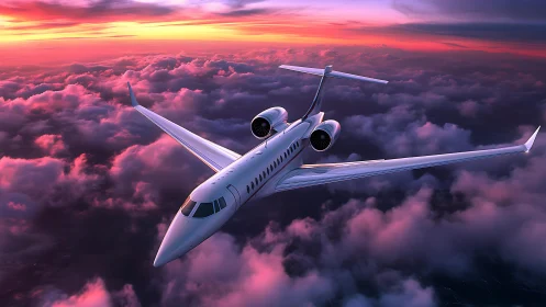 Photorealistic business jet over stratiform sunset cloudfield.