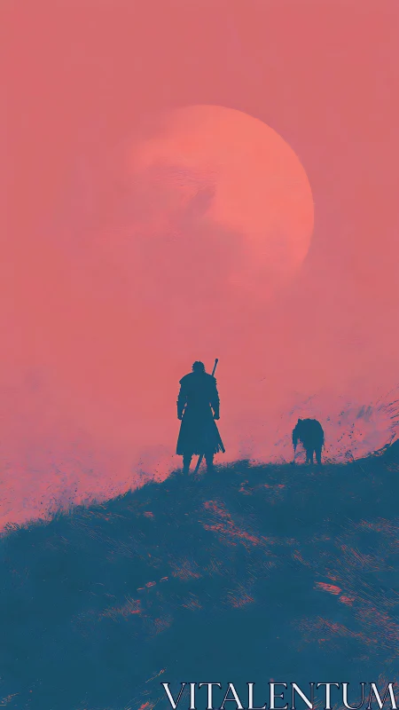 Lone cloaked wanderer and dog cross ridge under vast sun