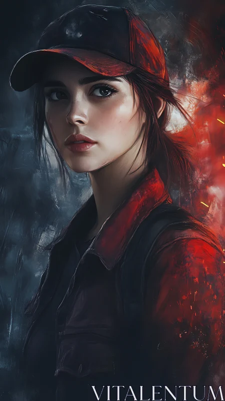 Young survivor in red jacket stands against burning twilight