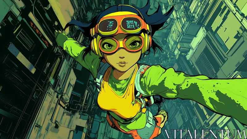 Goggled urban figure in dynamic aerial perspective over cityscape.