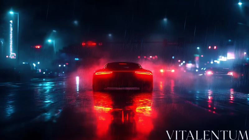 Sleek sports car glows against a rainy neon city night