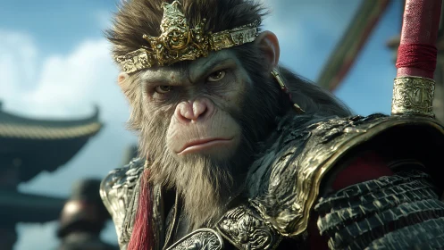 Armored monkey warrior stares ahead with fierce resolve