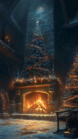 Cathedral-tall Christmas hearth where snowfall meets firelight.