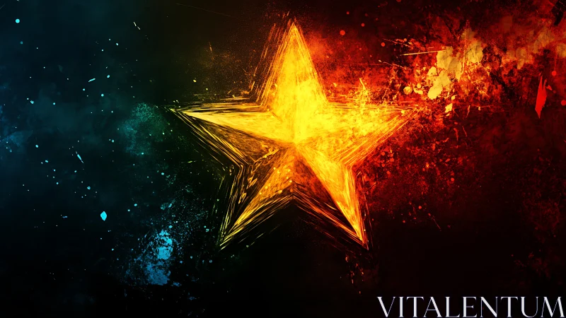 Fiery golden star ignites against dark cosmic backdrop.