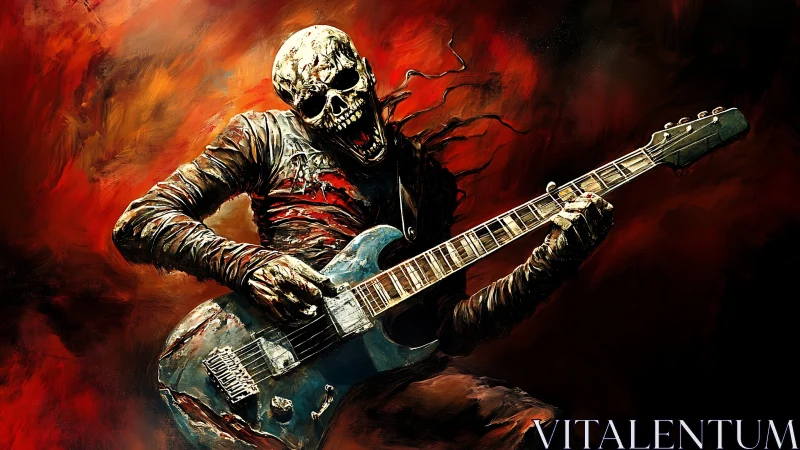 Skeletal rock guitarist in fiery red abstract background.