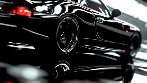 Gloss black sports coupe under studio strip lighting profile.
