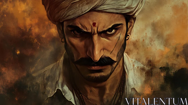 Intense turbaned portrait renders fierce gaze in warm chiaroscuro