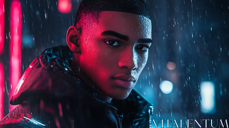Neon rim-lit portrait in rain with bokeh and wet specular skin