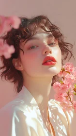 Soft spring portrait bathed in pastel light and blossoms.
