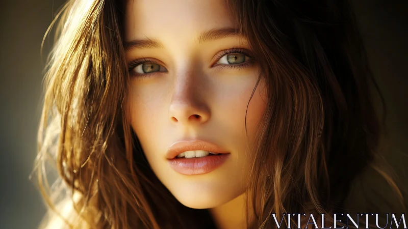 Close-up portrait of young woman in warm sunlight.