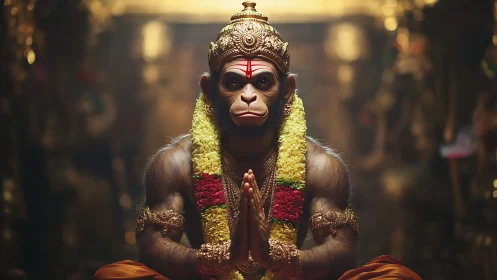 Divine monkey deity in ornate temple prayer pose.