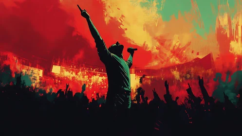 Concert vocalist silhouette leading crowd in neon inferno.