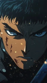 War-torn gaze carves fury and resolve through drifting embers