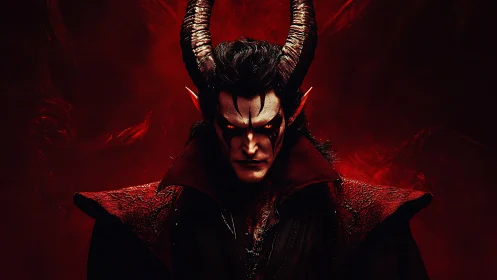 Horned demonic humanoid portrait is rendered against red field