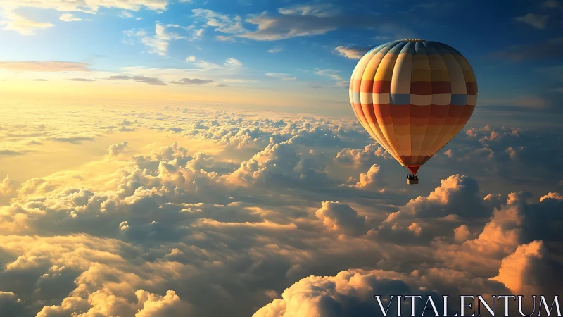 Hot air balloon above clouds at warm sunrise sky.