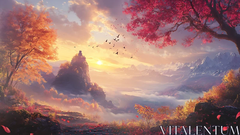 Autumn mountain vista above glowing sunrise valley.