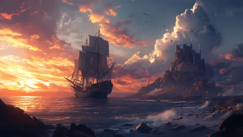 Tall sailing ship approaches fortified coastal city at sunset