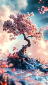 Blossoming fantasy tree sways gently in glowing pastel skies