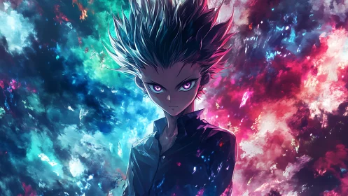 Energetic anime prodigy amid bifurcated chromatic nebulae.