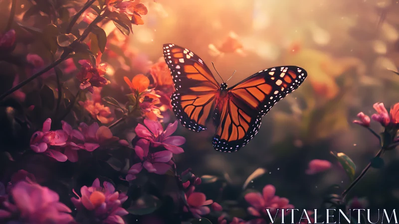 Monarch butterfly in backlit bokeh above pink floral understory