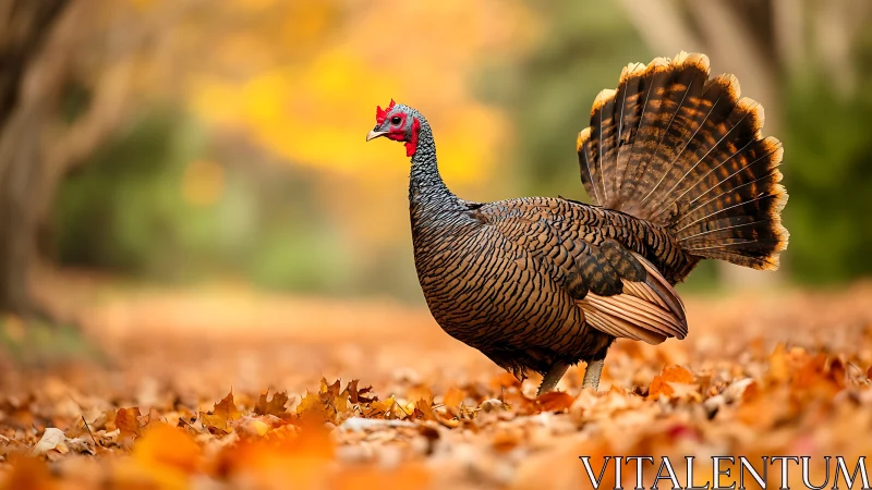 Wild turkey strutting in autumn forest, vibrant nature photography.
