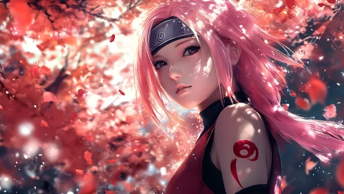 Anime portrait with sakura bokeh and dynamic petal motion.