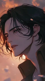 Brooding dusk wanderer framed in emberlit anime skies.